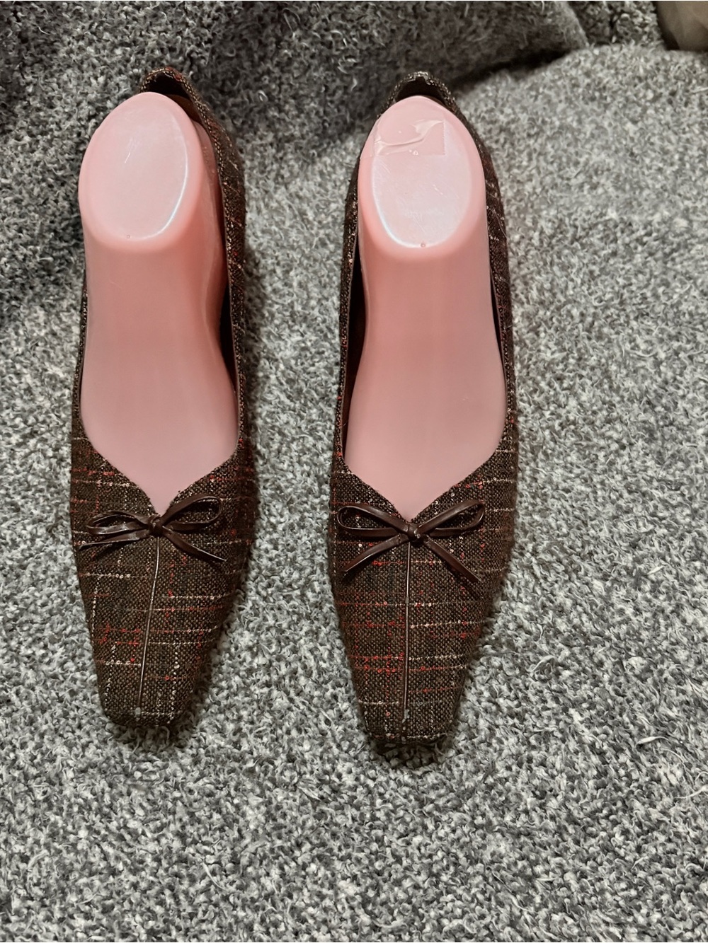 DressBarn Womens 9.5 Brown Plaid Tweed Leather Bow Pointed Toe Heel Pumps Retro